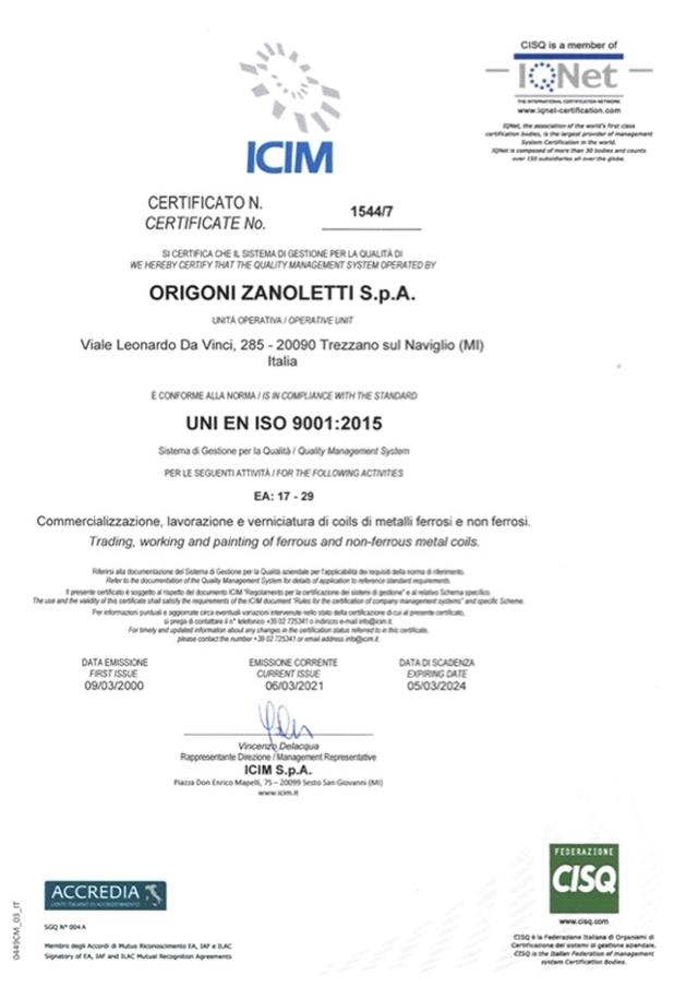 UNI EN ISO 9001:2015 certificate